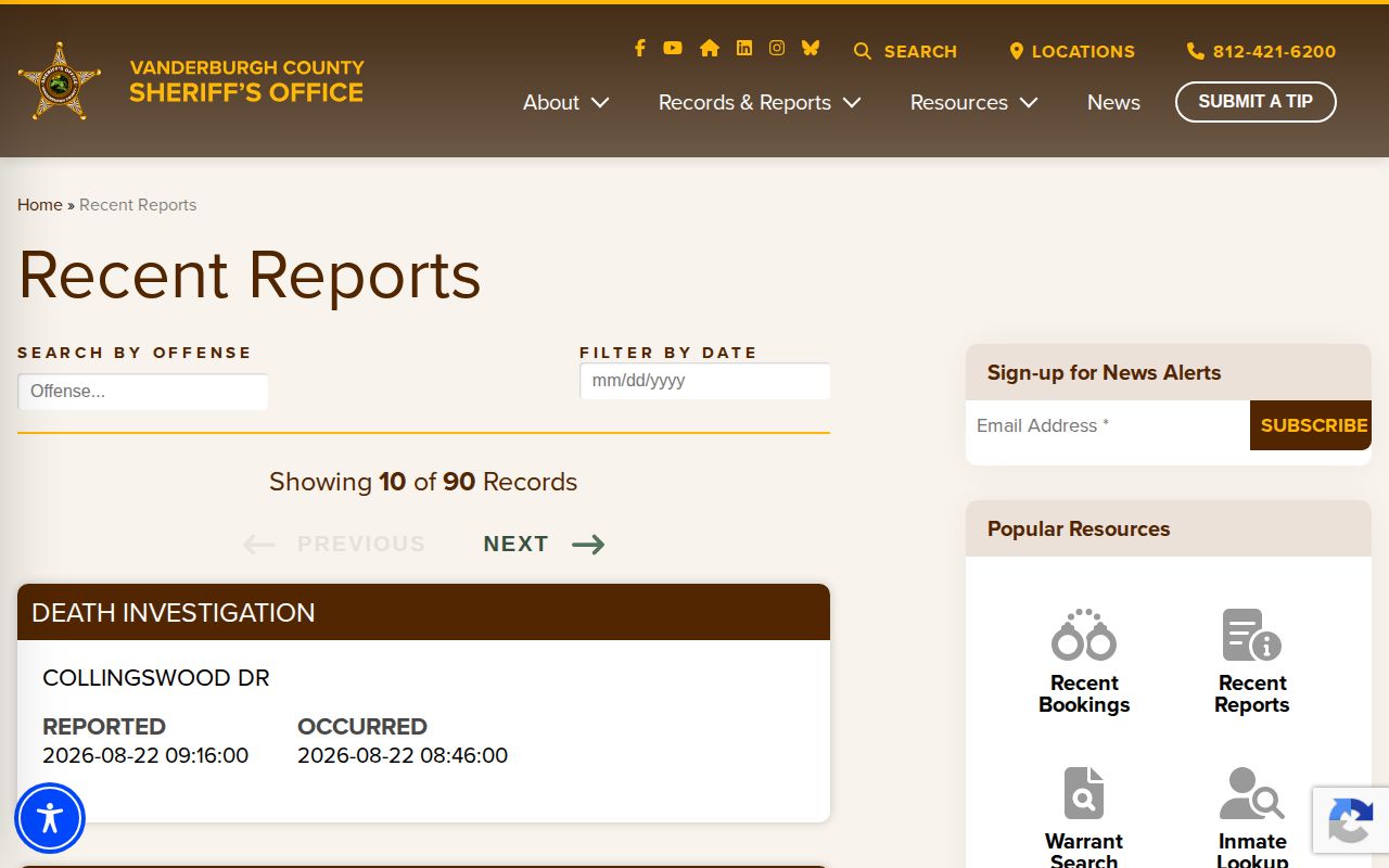 Vanderburgh County arrest report search interface