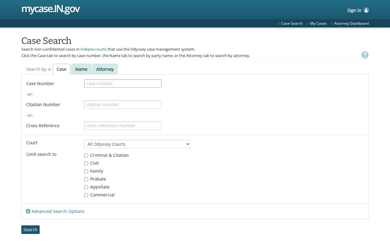 Indiana MyCase public search form