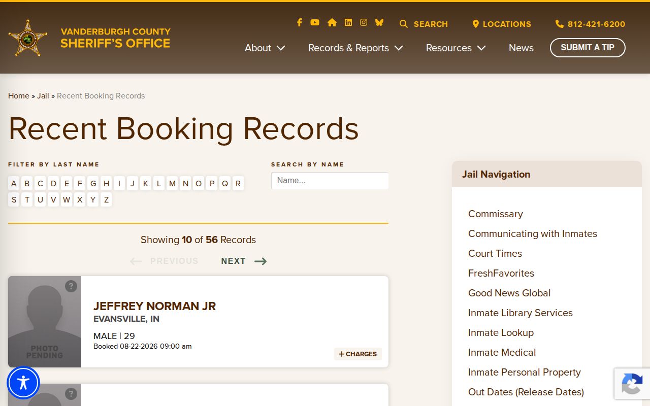 VCSO recent booking records interface